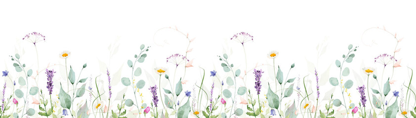 Watercolor floral seamless horizontal border. Meadow blue, turquoise eucalyptus branches, violet lavender, pink flowers, green leaves. Hand drawn illustration. Artistic template design © satika