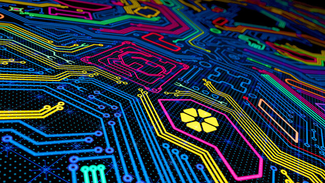 Glowing Electronic Microcircuit Abstract Background. 3D illustration	