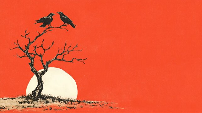 Two crows perched on barren tree branch with full moon rising. Eerie halloween landscape in orange sky. Spooky autumn night illustration and mysterious nature scene.
