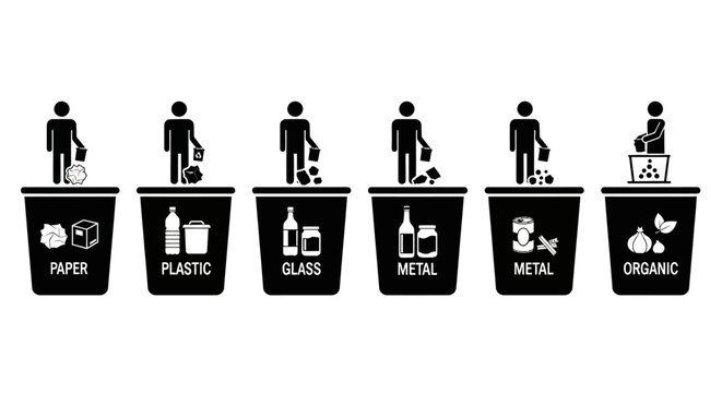 Recycling bins for different materials.
