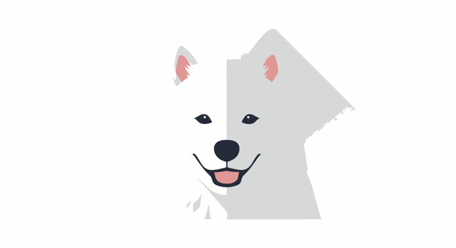A minimalist illustration of a fluffy white Samoyed dog's face, with one side in sharp detail and the other fading into a soft grey silhouette.