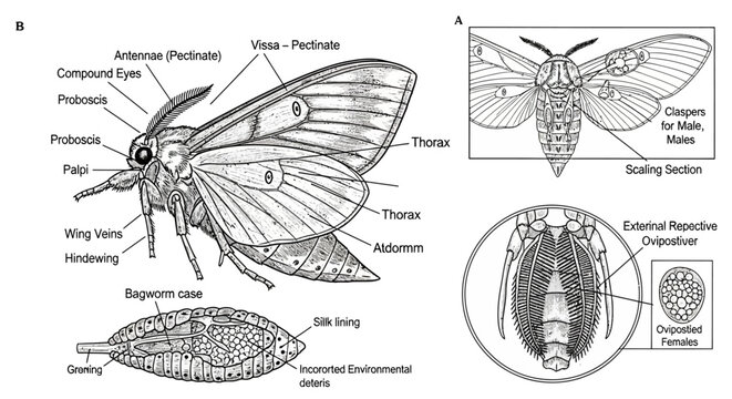 Detailed anatomical illustration of a moth, showcasing its external features and reproductive organs.