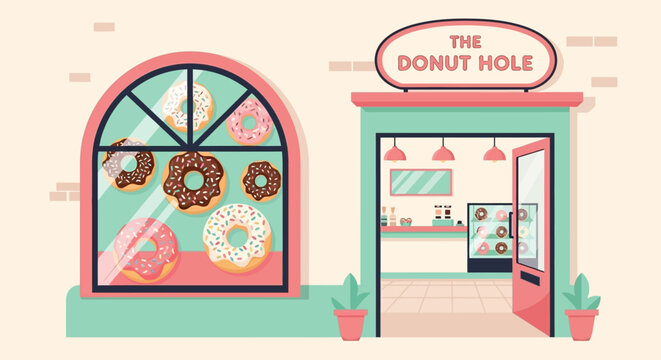 A charming cartoon illustration of "The Donut Hole" shop with a large window displaying various delicious donuts.