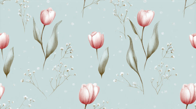 Delicate seamless floral pattern with pink tulips, soft leaves and small white flowers on light pastel background