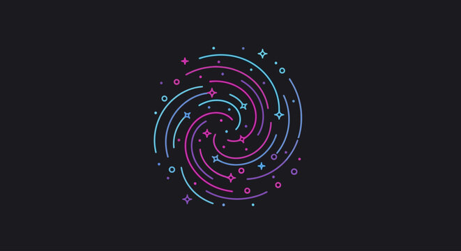 Abstract swirling vortex of pink and blue lines with star-like elements on a dark background, representing cosmic energy or motion.