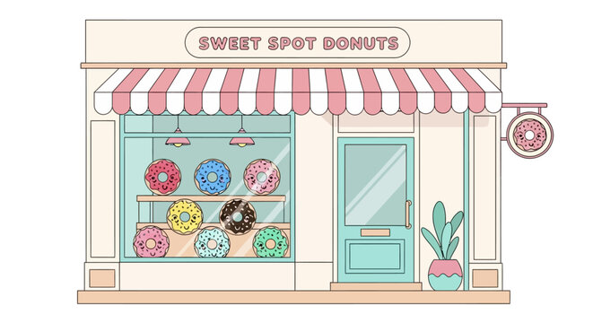 A charming illustration of a pastel-colored donut shop called "Sweet Spot Donuts" with a display of colorful donuts in the window.