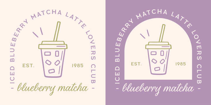 Blueberry matcha iced latte lovers club aesthetic logo purple green tea flavor label sticker girls shirt design. Cafe style cold foam drink plastic cup with ice cubes and straw outline drawing print.