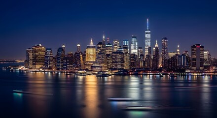 Fototapeta premium New York City Lower Manhattan skyline at night with One World Trade Center and illuminated skyscrapers reflecting in the water