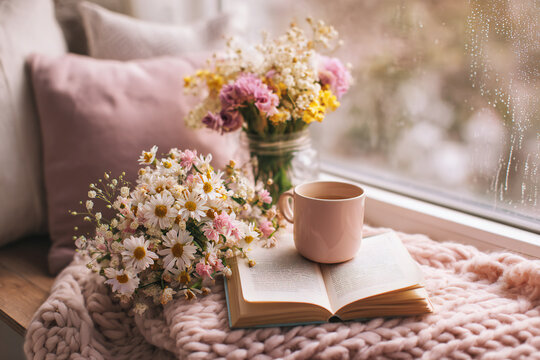 Cozy Reading Nook with Pastel Spring Flowers and Morning Dew in Soft Warm Studio Lighting