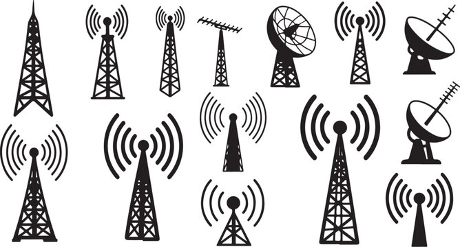 Collection of various communication towers and satellite dishes icons