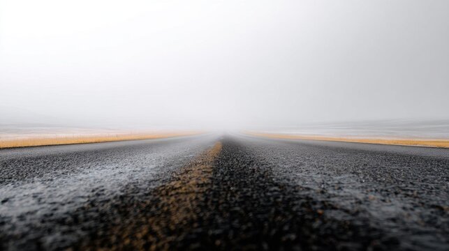 Photograph of an empty road in the middle of nowhere. the road is straight and appears to be in a foggy or misty environment. the sky is overcast and the horizon is visible in the distance.