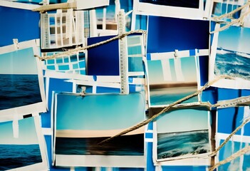 Fototapeta premium Old vintage-style seascape photos displayed on string, blue tones, coastal scenery, 