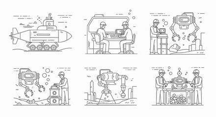 Obraz premium Industrial, robotic, factory icons. Line art illustrations set, 6 elements, engineering and manufacturing concepts.