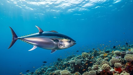 Obraz premium A large tuna fish swims gracefully through clear blue ocean water near a vibrant coral reef teeming with small fish.