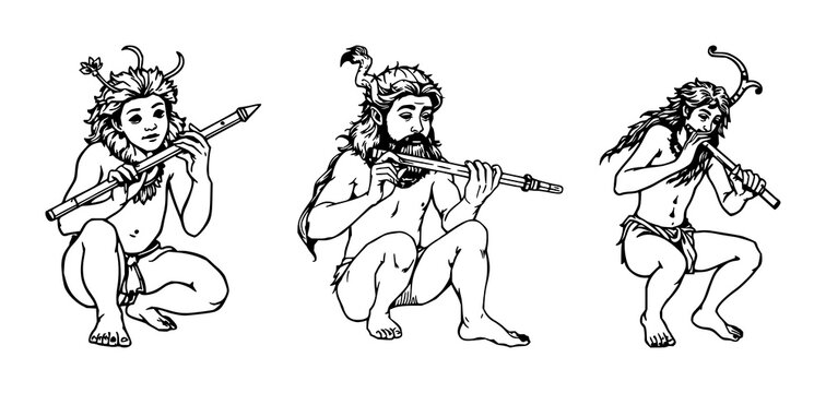 Faun set with hand-inked line art illustration of woodland creature playing a wooden flute on white background featuring faun, wooden flute, line art with hand-inked and minimalistic
