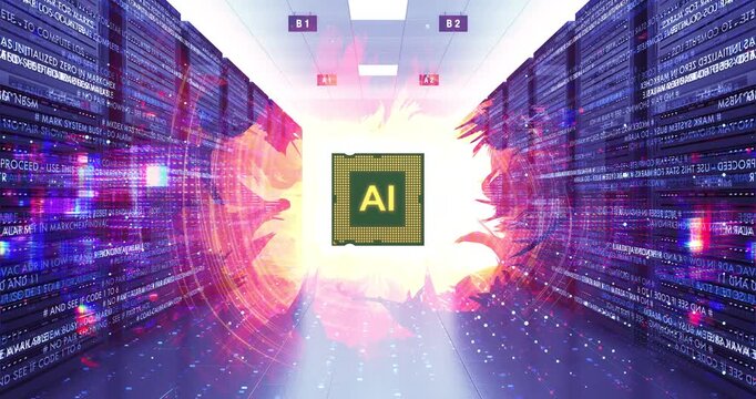 Modern infrastructure including powerful central AI chip processor. AI Technology Related 3D Computer Animation.