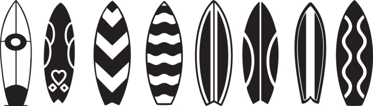 Eight bold black surfboard silhouette icons set. Trendy beach surf designs with chevron, wave, stripe and heart patterns, perfect for summer, coastal, sports and surf brand designs.
