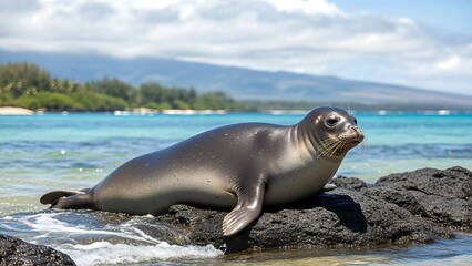 Obraz premium A Hawaiian monk seal rests on a rocky shore with the ocean and lush green coastline in the background.