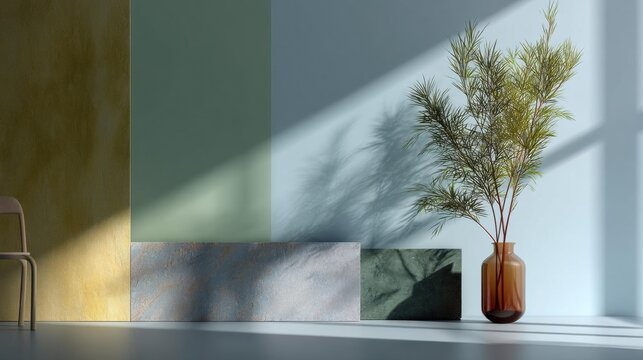 Modern interior space with a minimalist design. on the right side of the image, there is a vase with a plant in it. the vase is made of glass and has a brown color.