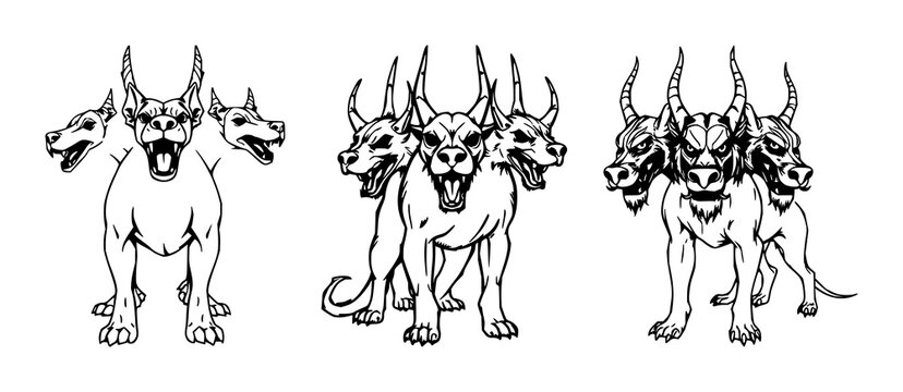 Cerberus set with sketchy black line art featuring three-headed dog, mythology, iconography with illustration and graphic design