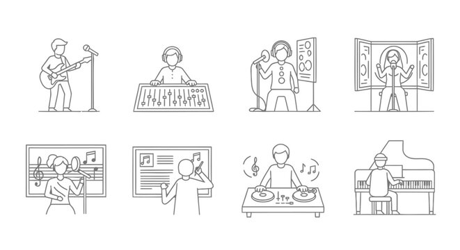 Music, musicians, performance icons, vector set, 8 elements, line art