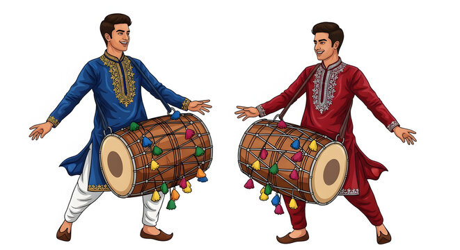 Two men enthusiastically playing traditional Dhol drums during the vibrant Navratri festival celebrations