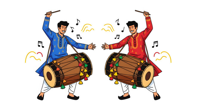Two men enthusiastically playing traditional Dhol drums during the vibrant Navratri festival celebrations
