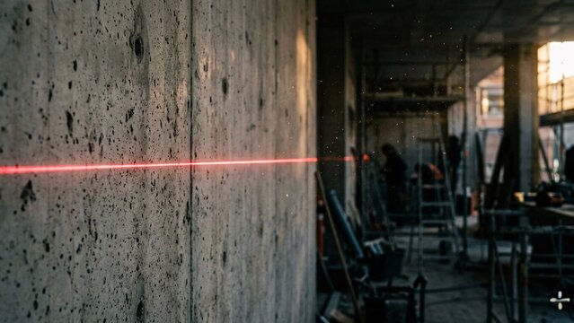 Red laser level line on a concrete wall at a construction site.