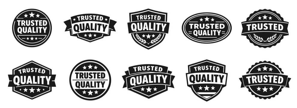Trusted quality badge collection in black. Set of reliability labels with stars laurels and trust emphasis