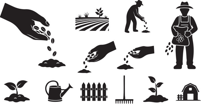 Agricultural icons and gardening tools in black and white