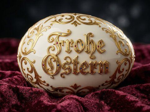 Luxury porcelain egg with gold filigree and gemstones featuring frohe ostern text on red velvet background for high end easter celebration and expensive jewelry gift display with elegant lighting.