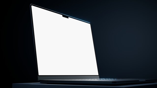 Modern laptop blank screen mockup with white display on dark background. 3d render