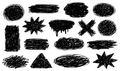 Naklejka premium Scribble fill shapes set. Collection of hand drawn black filled blobs strokes stars and rough abstract elements