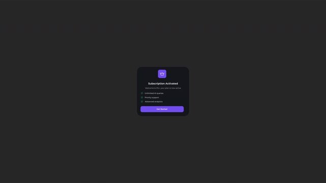 Payment success UI animation for subscription activated and billing confirmation. SaaS interface for checkout success, onboarding screens, and transaction completion. Dark mode, loop, alpha channel.