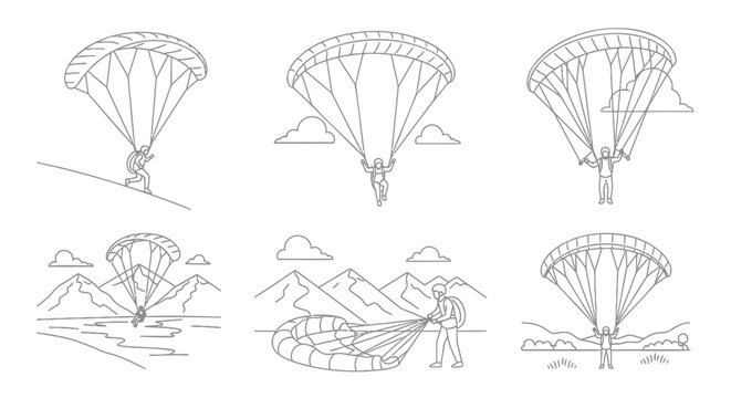 Parachute, Paragliding, Skydiving, Adventure Icons, Vector Illustrations