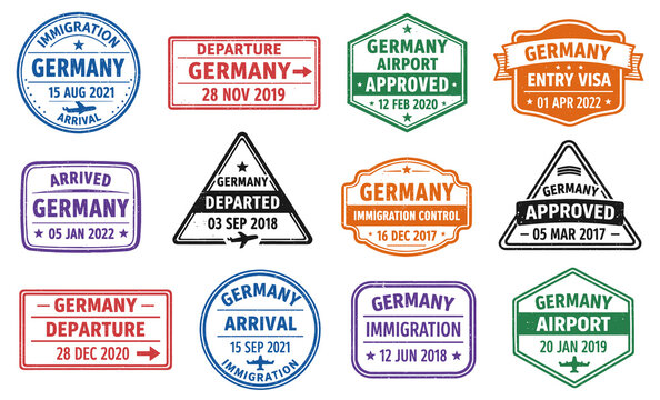 Germany immigration stamp collection. Vintage travel badges with arrival departure and approved signs. Retro airport passport style