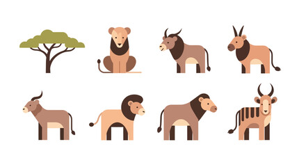 Fototapeta premium A group of wild animals including lions and antelopes standing under a tree in the savannah.