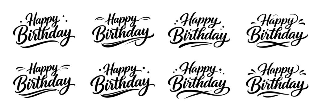 Happy birthday lettering set. Collection of elegant hand written typography phrases with decorative swashes and stylish elements