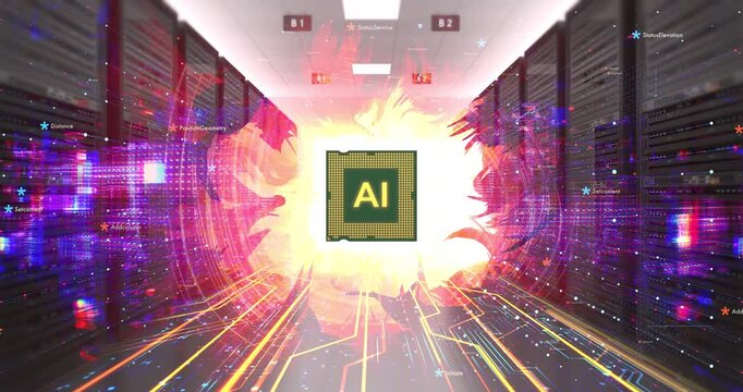Machine learning technology with central AI chip processor. AI Technology Related 3D Computer Animation.