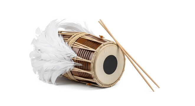 Traditional Bengali Dhak drum adorned with white feathers and resting drumsticks
