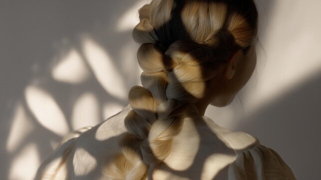The back of a woman's head and neck, with her hair styled in a braided updo. the hair is blonde and appears to be freshly braided.