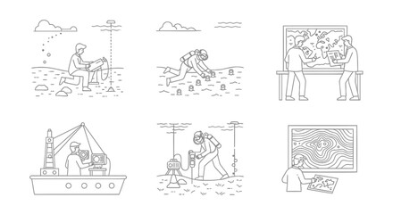 Obraz premium Fishing, outdoor activities, line icons, 6 illustrations, vector graphics