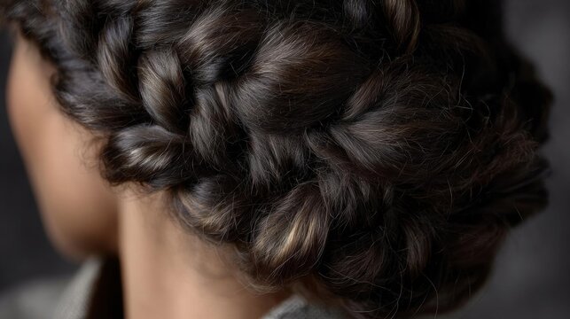Close-up of the back of a woman's head, showing her hair styled in an updo. the hair is dark brown and appears to be braided or styled in a loose, loose bun.