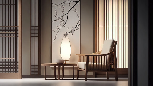 Minimalist new Chinese style living room with small coffee table and leisure chair interior space