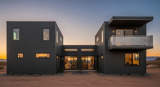 Modern Modular House Exterior at Dusk with Desert Landscape