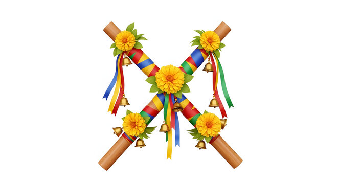 Crossed wooden Dandiya sticks decorated with bright ribbons and marigold flowers
