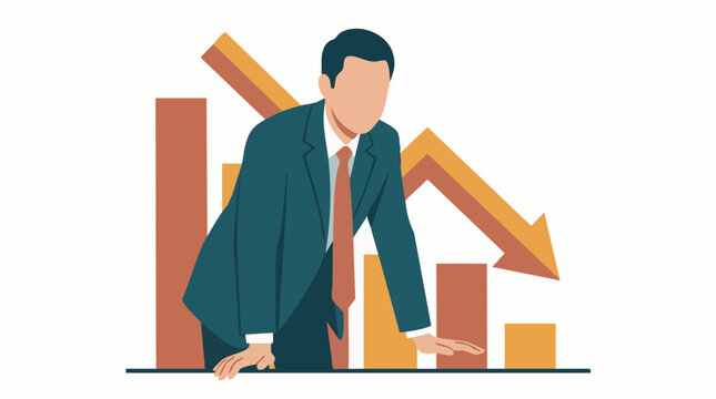 Illustration of a businessman with a decreasing bar chart and downward arrow