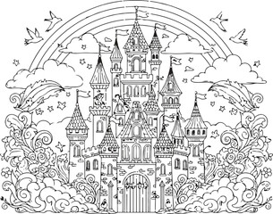 Ornate Fairy Tale Castle with Rainbow Stars and Floral Flourish Line Art Illustration