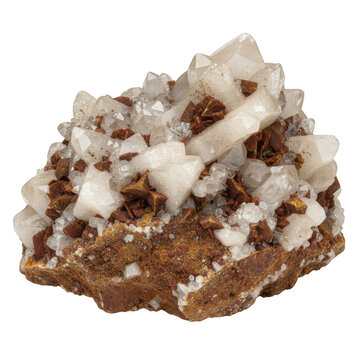 Quartz crystals with brown siderite mineral cluster isolated on a transparent background