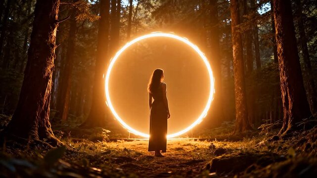 Woman in forest with glowing circle